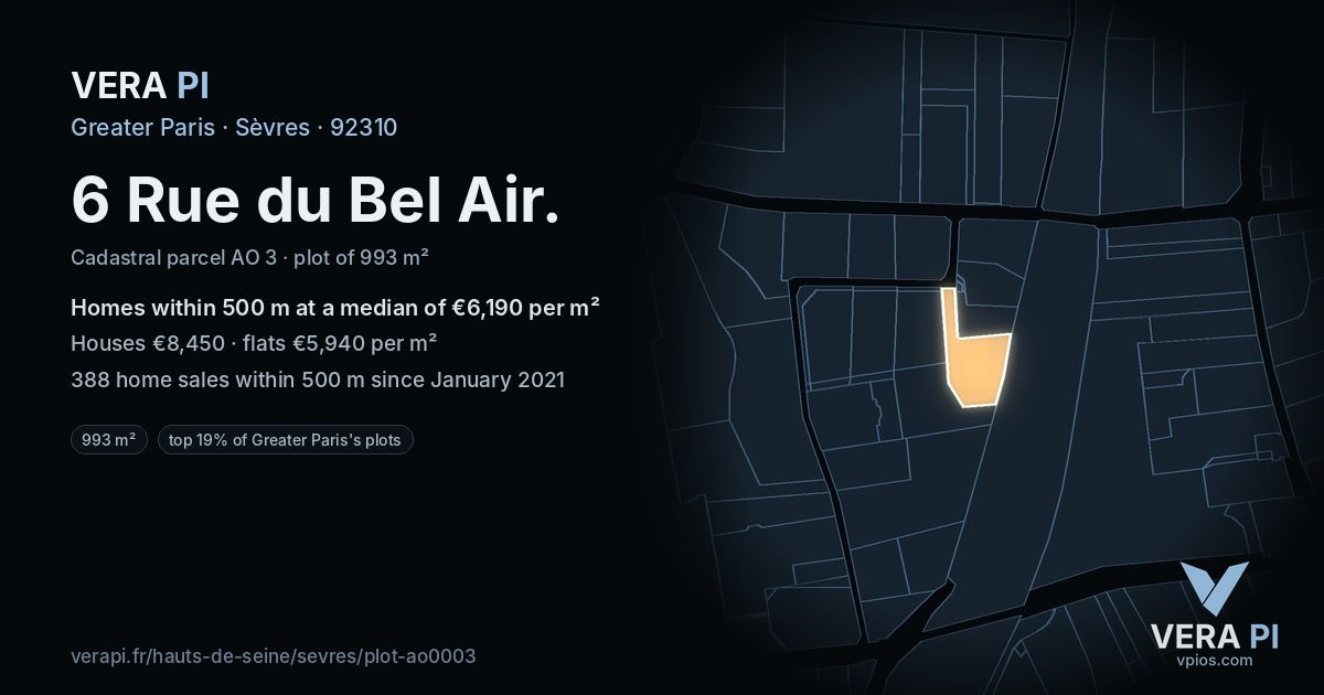 6 Rue du Bel Air, Sèvres at night – the plot lit, the parcels around coloured by the prices near them