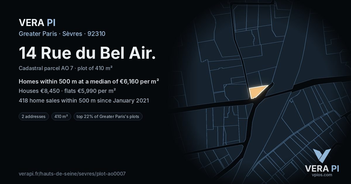 14 Rue du Bel Air, Sèvres at night – the plot lit, the parcels around coloured by the prices near them