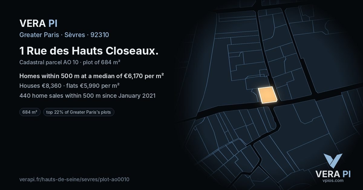 1 Rue des Hauts Closeaux, Sèvres at night – the plot lit, the parcels around coloured by the prices near them
