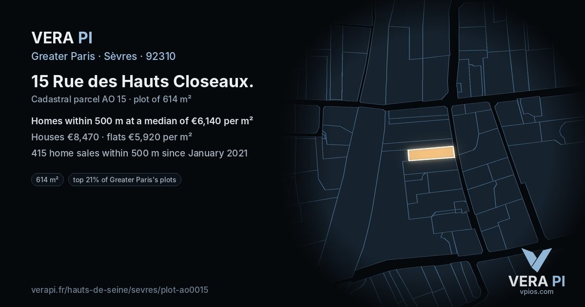 15 Rue des Hauts Closeaux, Sèvres at night – the plot lit, the parcels around coloured by the prices near them