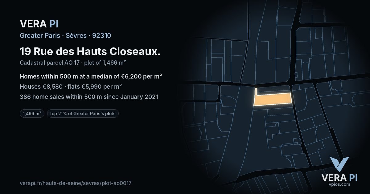 19 Rue des Hauts Closeaux, Sèvres at night – the plot lit, the parcels around coloured by the prices near them