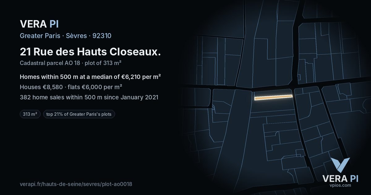 21 Rue des Hauts Closeaux, Sèvres at night – the plot lit, the parcels around coloured by the prices near them