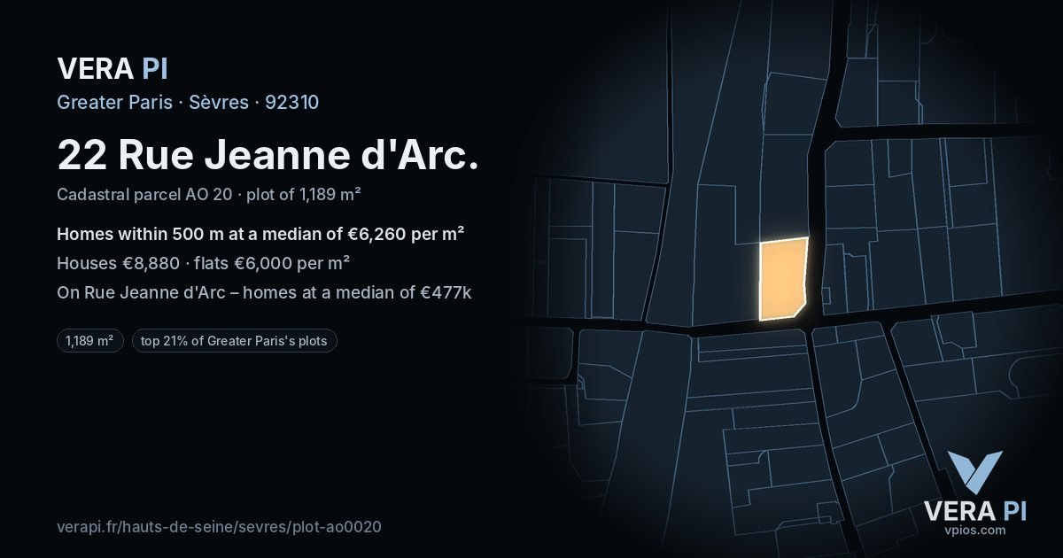 22 Rue Jeanne d'Arc, Sèvres at night – the plot lit, the parcels around coloured by the prices near them