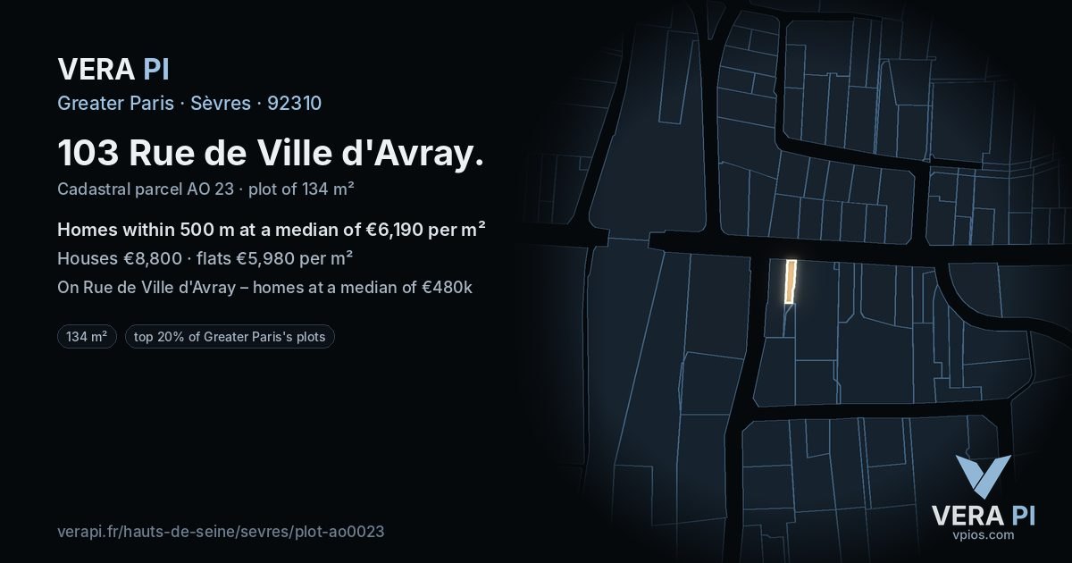 103 Rue de Ville d'Avray, Sèvres at night – the plot lit, the parcels around coloured by the prices near them