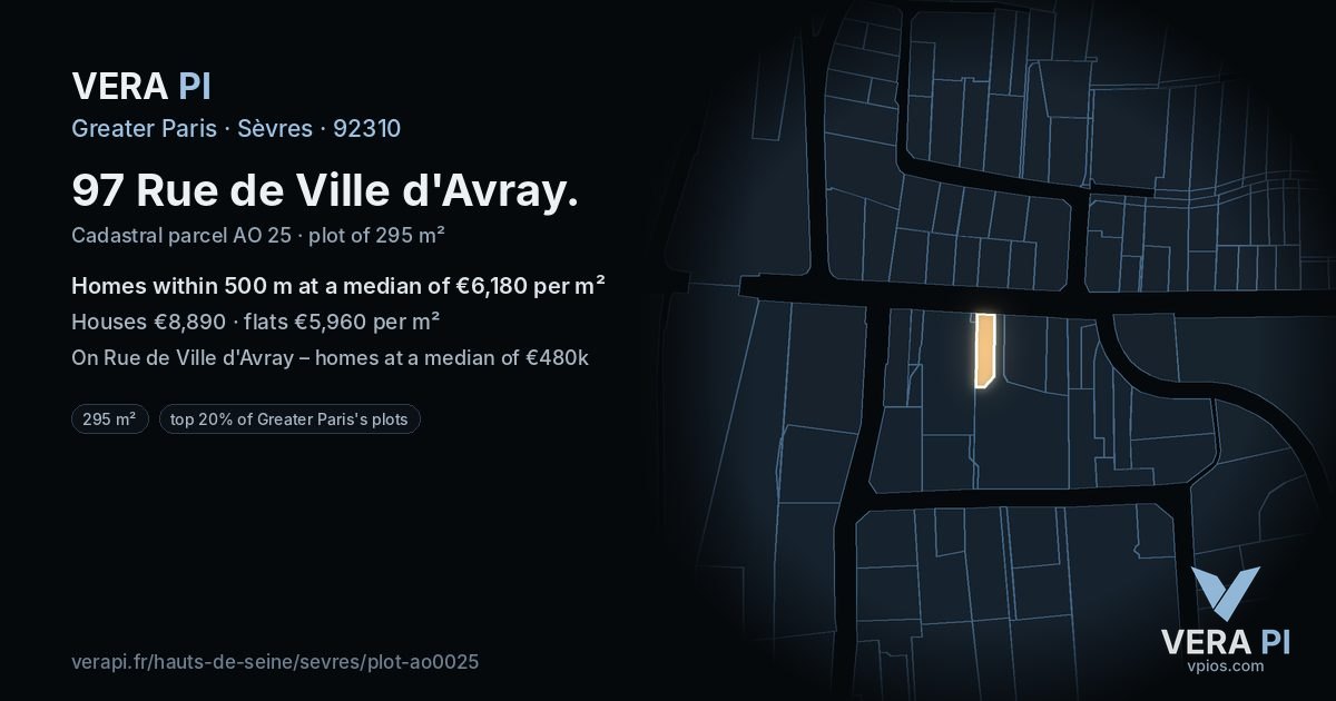 97 Rue de Ville d'Avray, Sèvres at night – the plot lit, the parcels around coloured by the prices near them