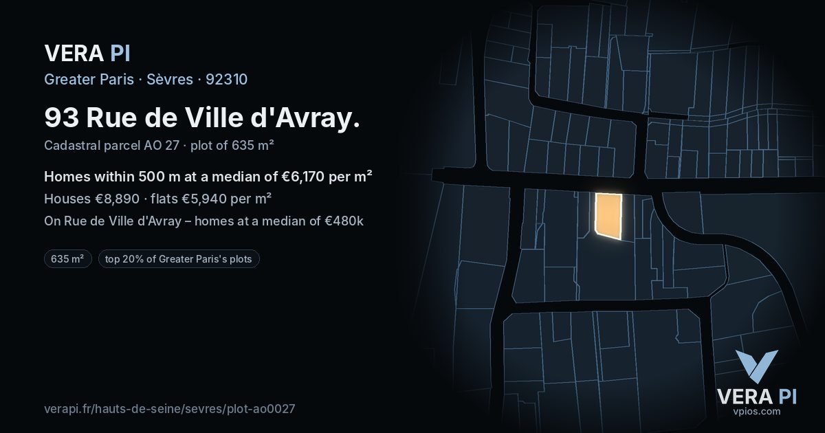 93 Rue de Ville d'Avray, Sèvres at night – the plot lit, the parcels around coloured by the prices near them