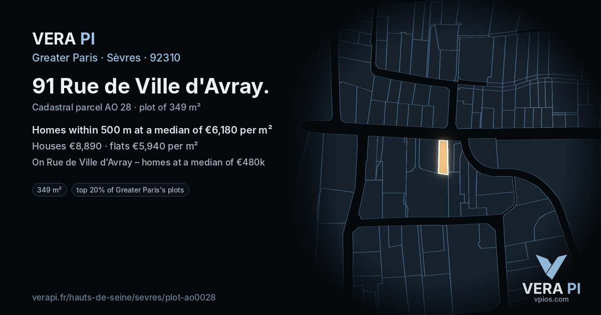 91 Rue de Ville d'Avray, Sèvres at night – the plot lit, the parcels around coloured by the prices near them