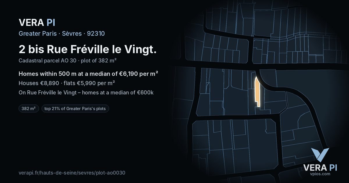 2 bis Rue Fréville le Vingt, Sèvres at night – the plot lit, the parcels around coloured by the prices near them
