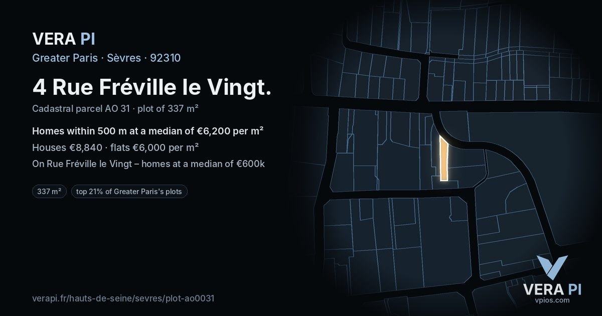 4 Rue Fréville le Vingt, Sèvres at night – the plot lit, the parcels around coloured by the prices near them
