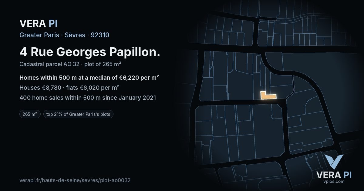 4 Rue Georges Papillon, Sèvres at night – the plot lit, the parcels around coloured by the prices near them