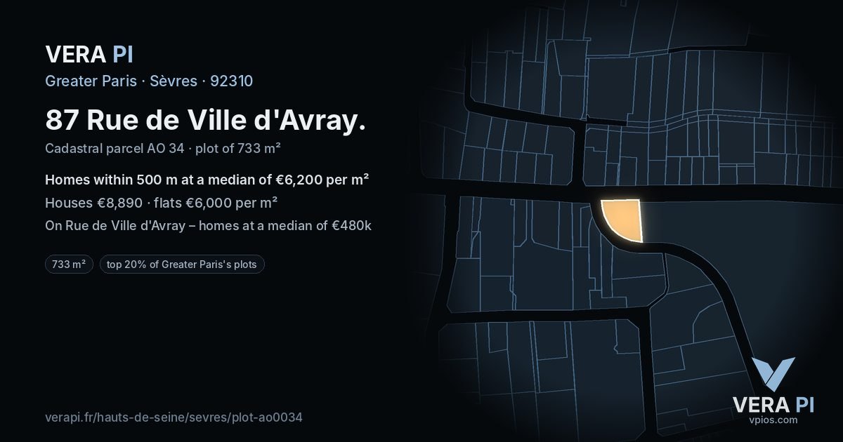 87 Rue de Ville d'Avray, Sèvres at night – the plot lit, the parcels around coloured by the prices near them