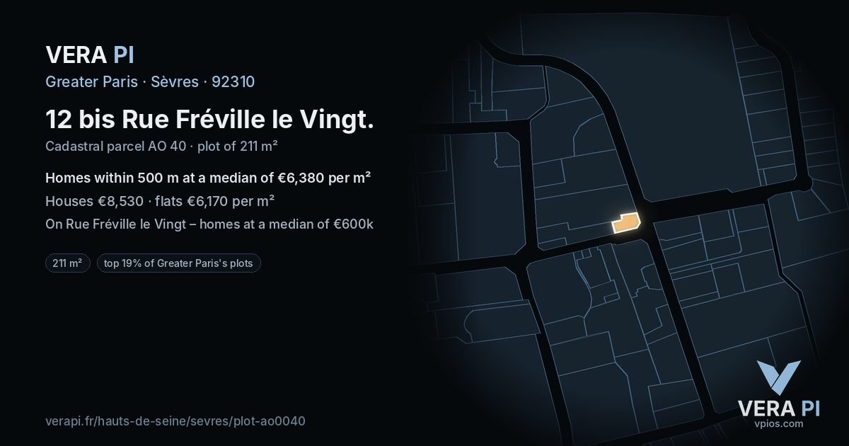 12 bis Rue Fréville le Vingt, Sèvres at night – the plot lit, the parcels around coloured by the prices near them