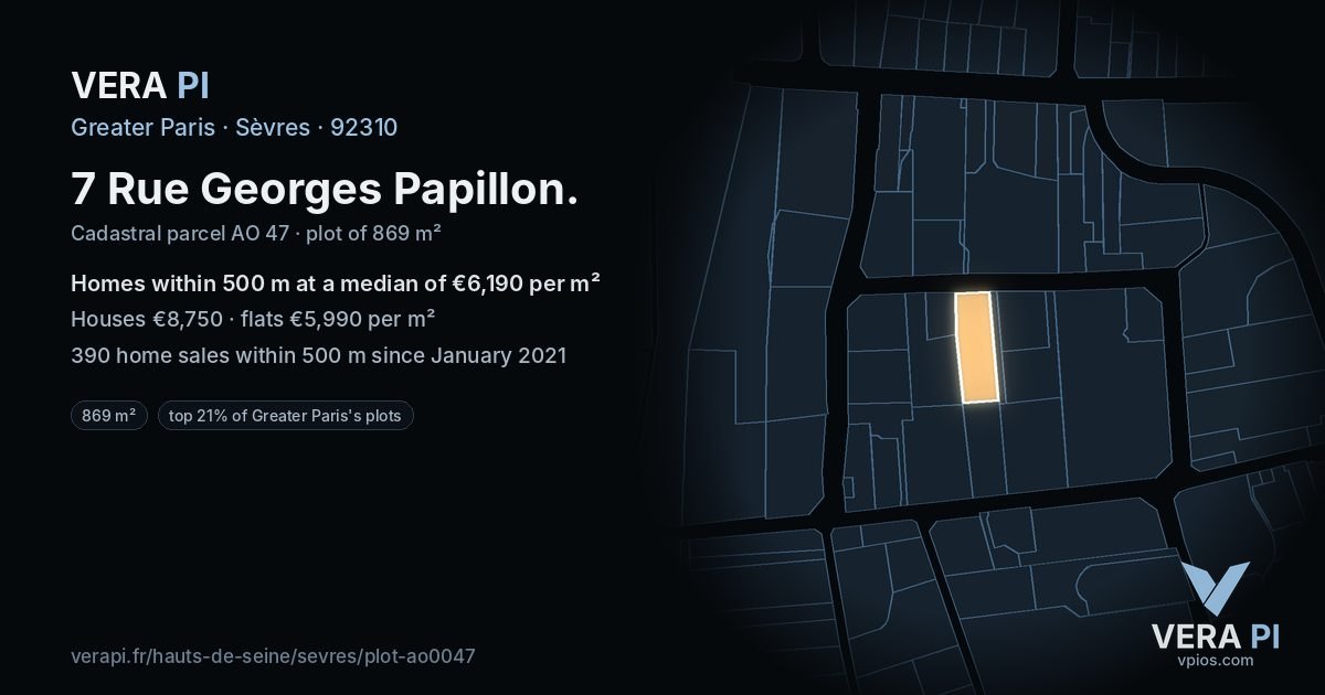 7 Rue Georges Papillon, Sèvres at night – the plot lit, the parcels around coloured by the prices near them