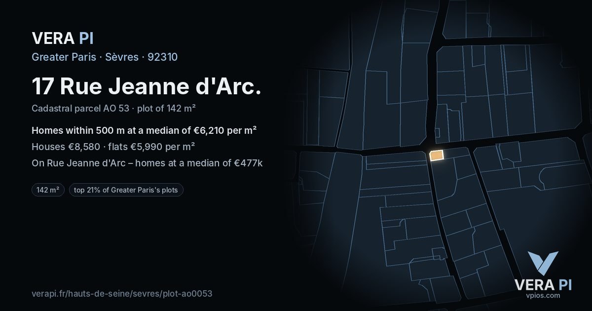 17 Rue Jeanne d'Arc, Sèvres at night – the plot lit, the parcels around coloured by the prices near them