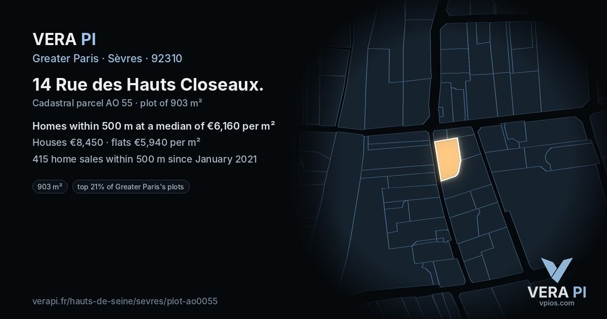14 Rue des Hauts Closeaux, Sèvres at night – the plot lit, the parcels around coloured by the prices near them