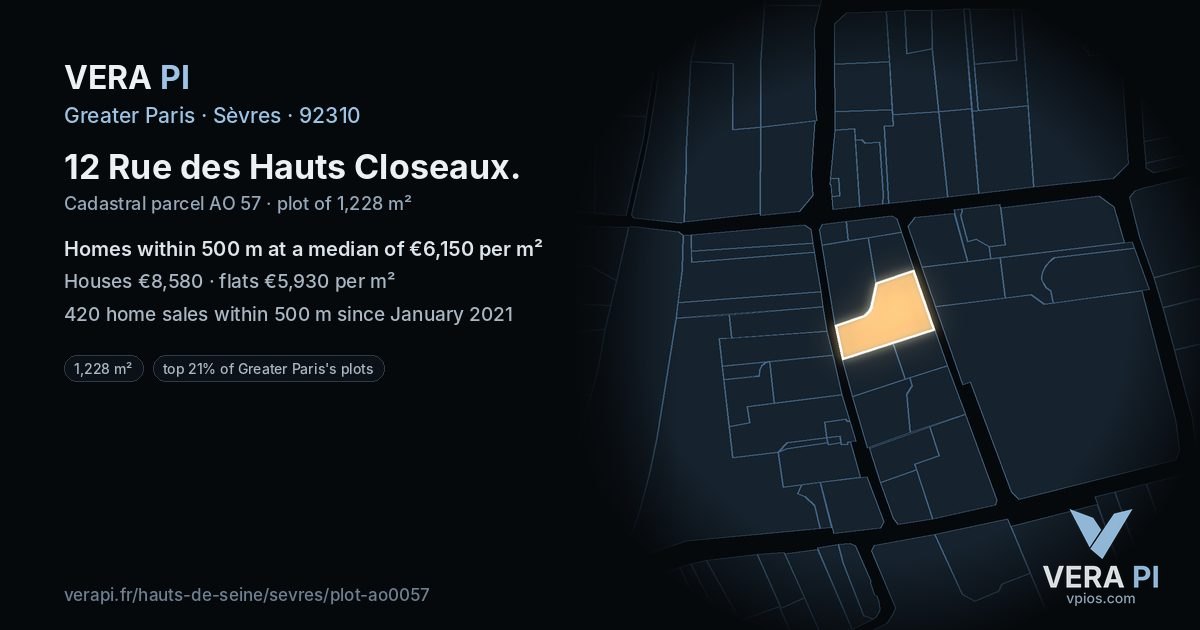 12 Rue des Hauts Closeaux, Sèvres at night – the plot lit, the parcels around coloured by the prices near them
