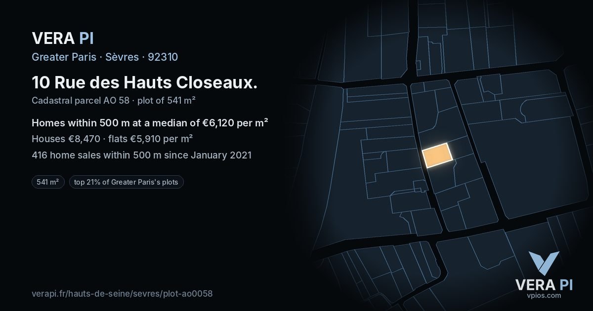 10 Rue des Hauts Closeaux, Sèvres at night – the plot lit, the parcels around coloured by the prices near them