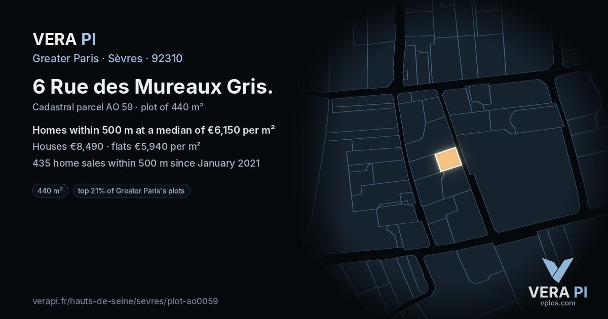 6 Rue des Mureaux Gris, Sèvres at night – the plot lit, the parcels around coloured by the prices near them