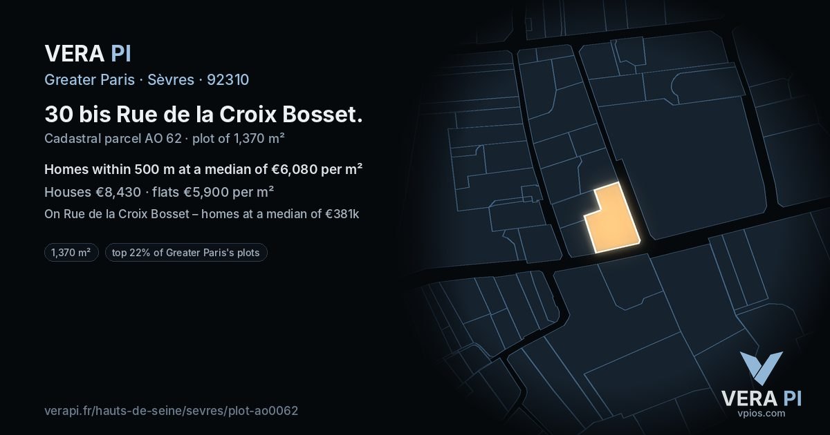 30 bis Rue de la Croix Bosset, Sèvres at night – the plot lit, the parcels around coloured by the prices near them