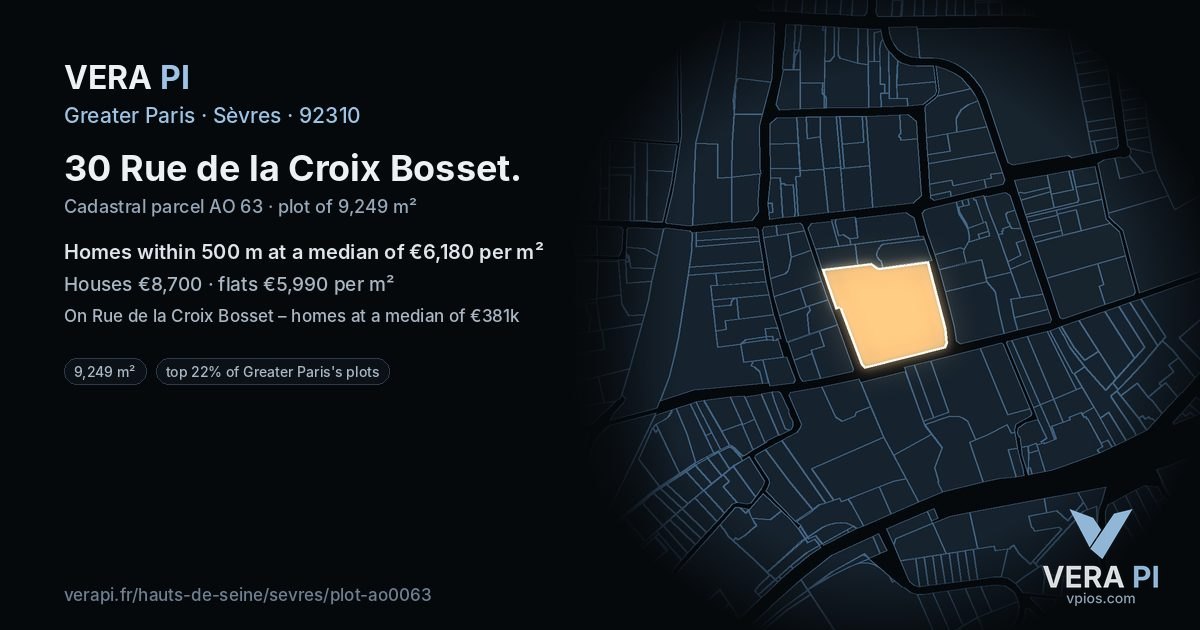 30 Rue de la Croix Bosset, Sèvres at night – the plot lit, the parcels around coloured by the prices near them