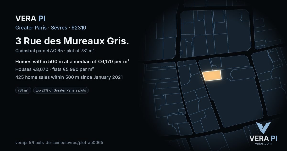 3 Rue des Mureaux Gris, Sèvres at night – the plot lit, the parcels around coloured by the prices near them
