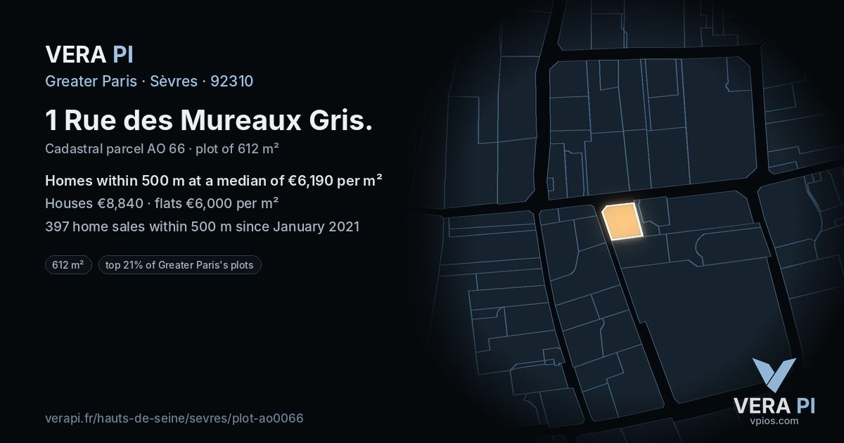 1 Rue des Mureaux Gris, Sèvres at night – the plot lit, the parcels around coloured by the prices near them