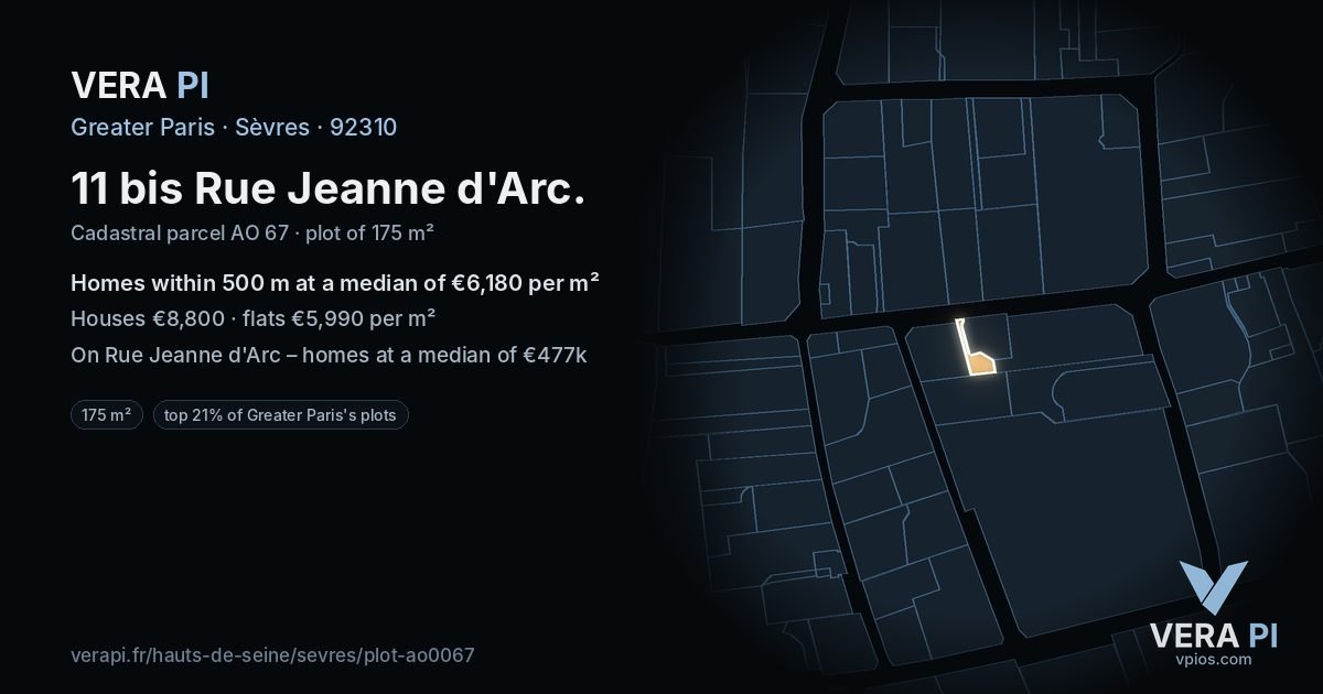 11 bis Rue Jeanne d'Arc, Sèvres at night – the plot lit, the parcels around coloured by the prices near them