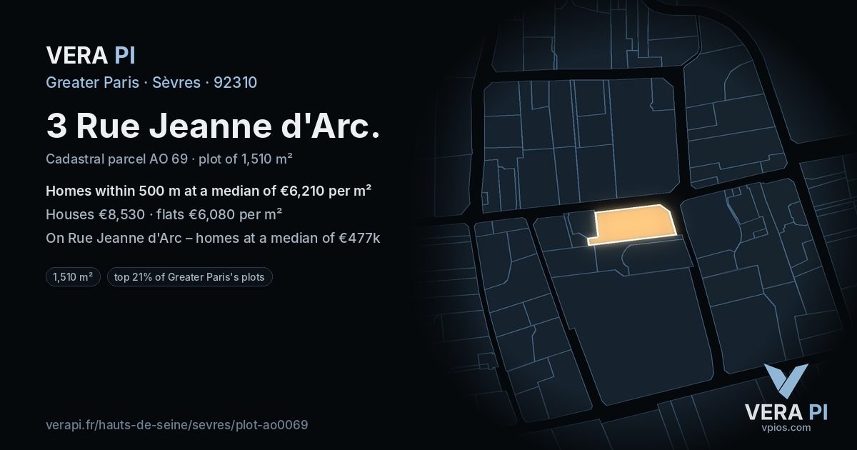 3 Rue Jeanne d'Arc, Sèvres at night – the plot lit, the parcels around coloured by the prices near them