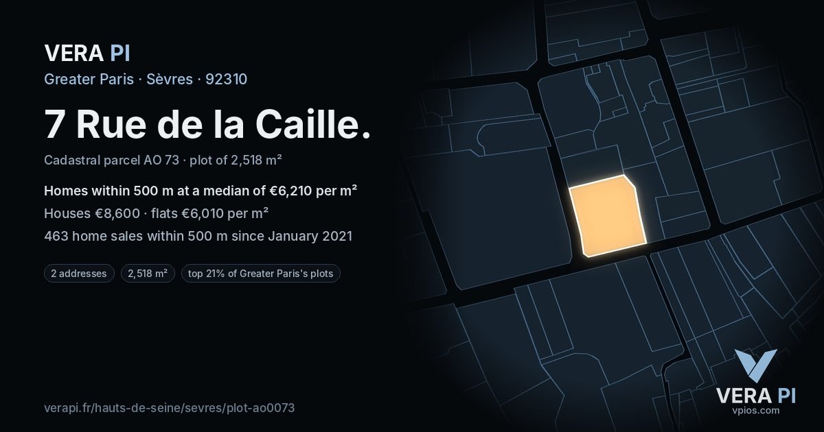 7 Rue de la Caille, Sèvres at night – the plot lit, the parcels around coloured by the prices near them
