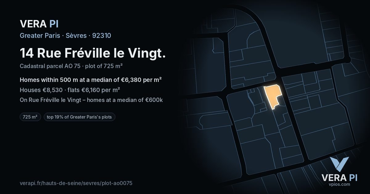 14 Rue Fréville le Vingt, Sèvres at night – the plot lit, the parcels around coloured by the prices near them