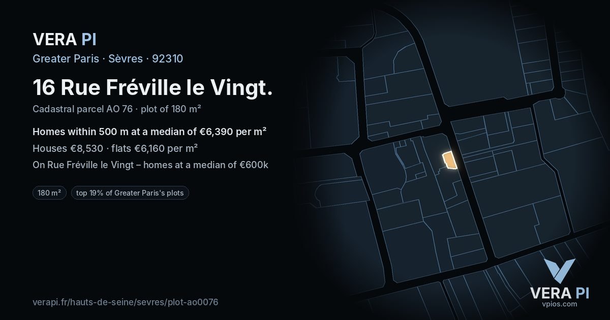 16 Rue Fréville le Vingt, Sèvres at night – the plot lit, the parcels around coloured by the prices near them