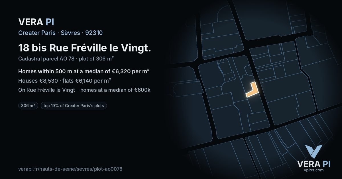 18 bis Rue Fréville le Vingt, Sèvres at night – the plot lit, the parcels around coloured by the prices near them