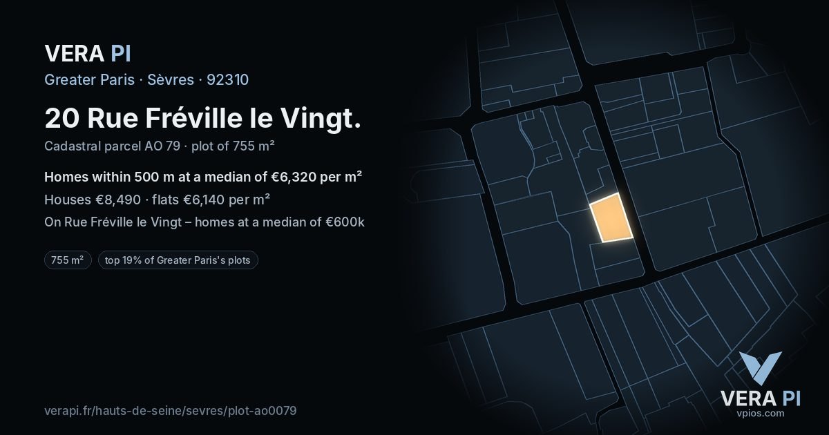 20 Rue Fréville le Vingt, Sèvres at night – the plot lit, the parcels around coloured by the prices near them