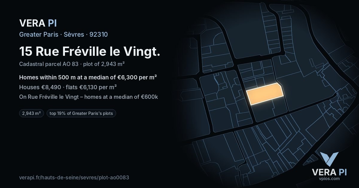 15 Rue Fréville le Vingt, Sèvres at night – the plot lit, the parcels around coloured by the prices near them
