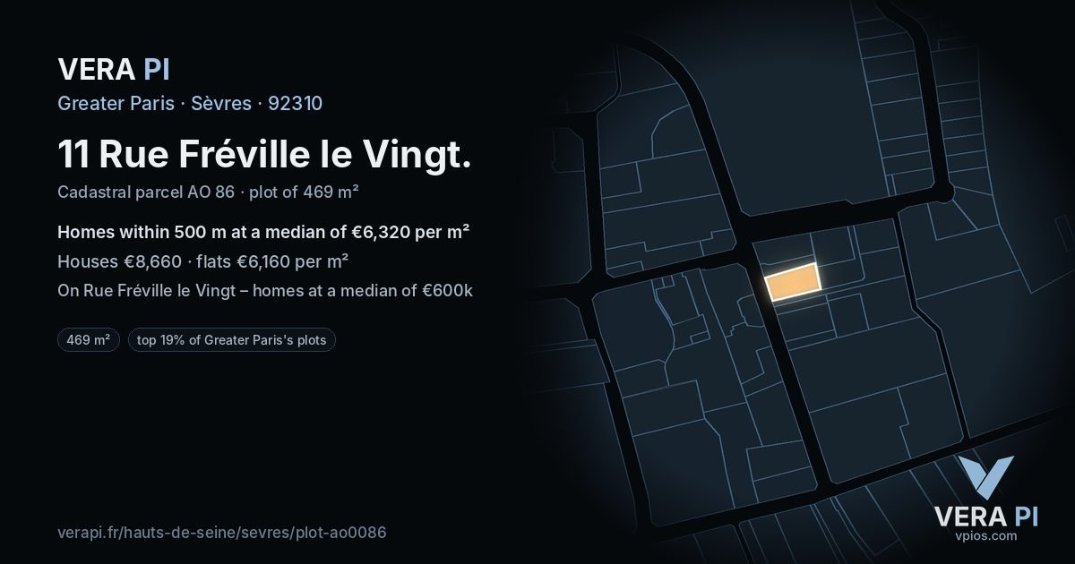 11 Rue Fréville le Vingt, Sèvres at night – the plot lit, the parcels around coloured by the prices near them