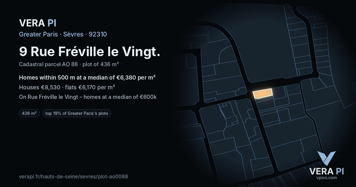 9 Rue Fréville le Vingt, Sèvres at night – the plot lit, the parcels around coloured by the prices near them