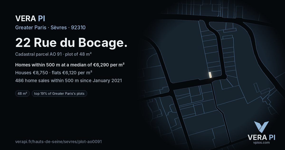 22 Rue du Bocage, Sèvres at night – the plot lit, the parcels around coloured by the prices near them
