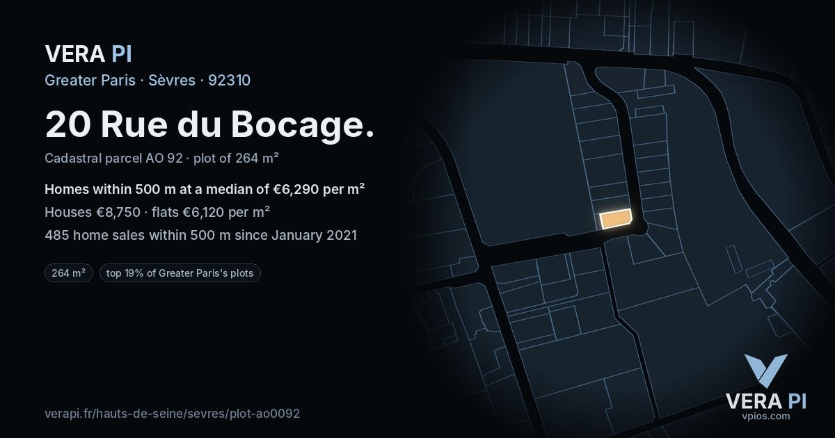 20 Rue du Bocage, Sèvres at night – the plot lit, the parcels around coloured by the prices near them