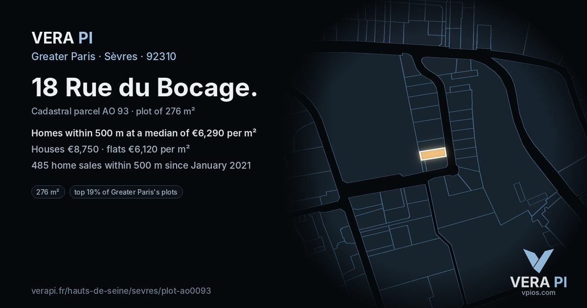 18 Rue du Bocage, Sèvres at night – the plot lit, the parcels around coloured by the prices near them
