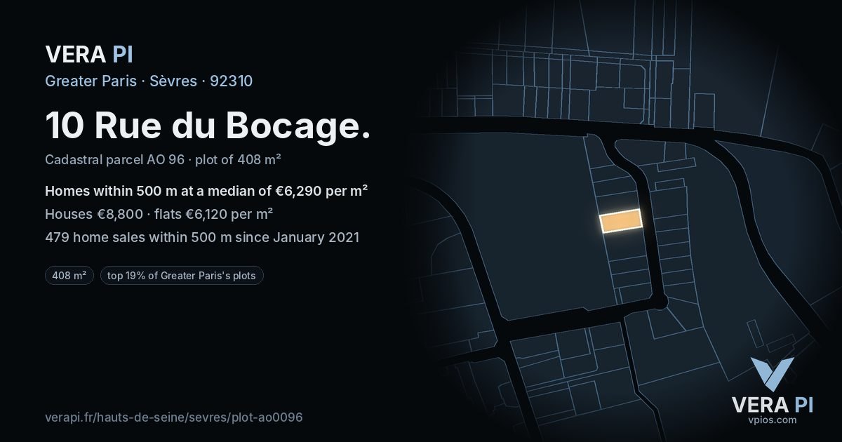 10 Rue du Bocage, Sèvres at night – the plot lit, the parcels around coloured by the prices near them