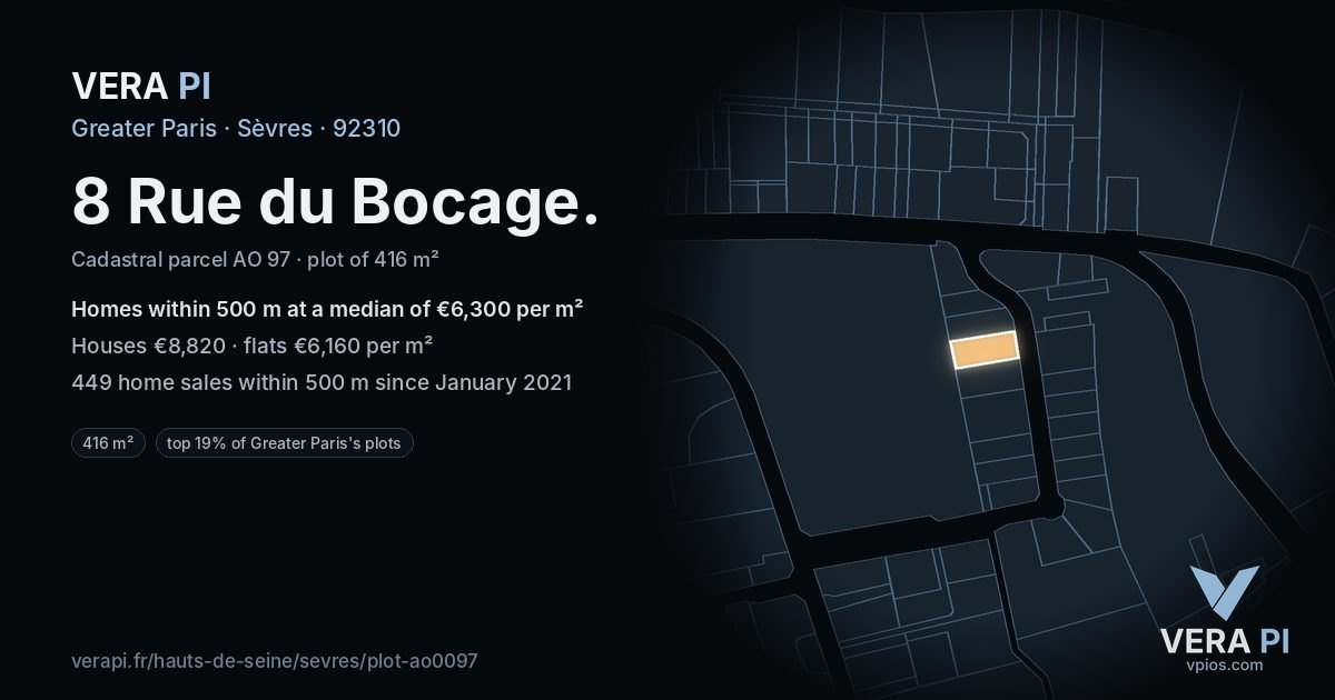 8 Rue du Bocage, Sèvres at night – the plot lit, the parcels around coloured by the prices near them