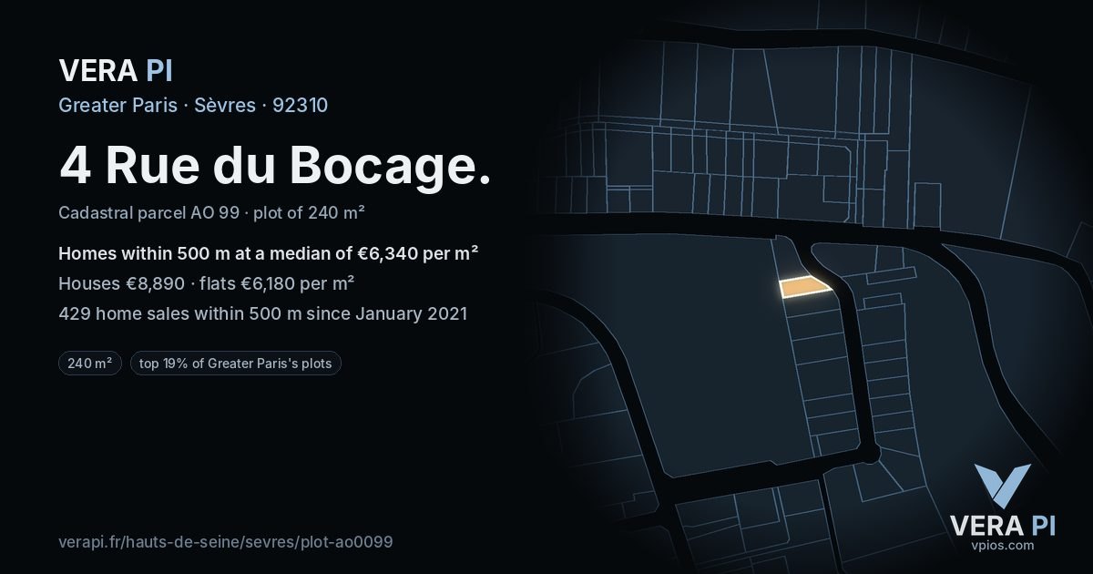 4 Rue du Bocage, Sèvres at night – the plot lit, the parcels around coloured by the prices near them