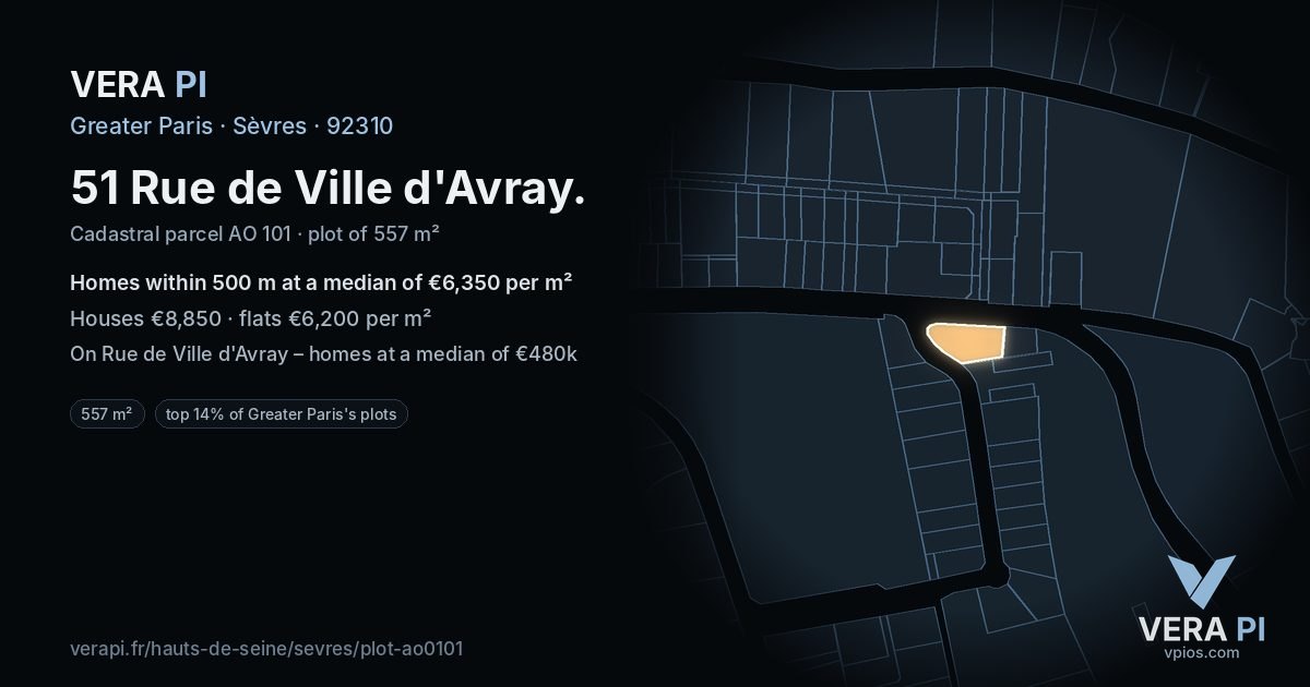 51 Rue de Ville d'Avray, Sèvres at night – the plot lit, the parcels around coloured by the prices near them