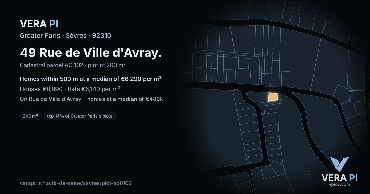 49 Rue de Ville d'Avray, Sèvres at night – the plot lit, the parcels around coloured by the prices near them