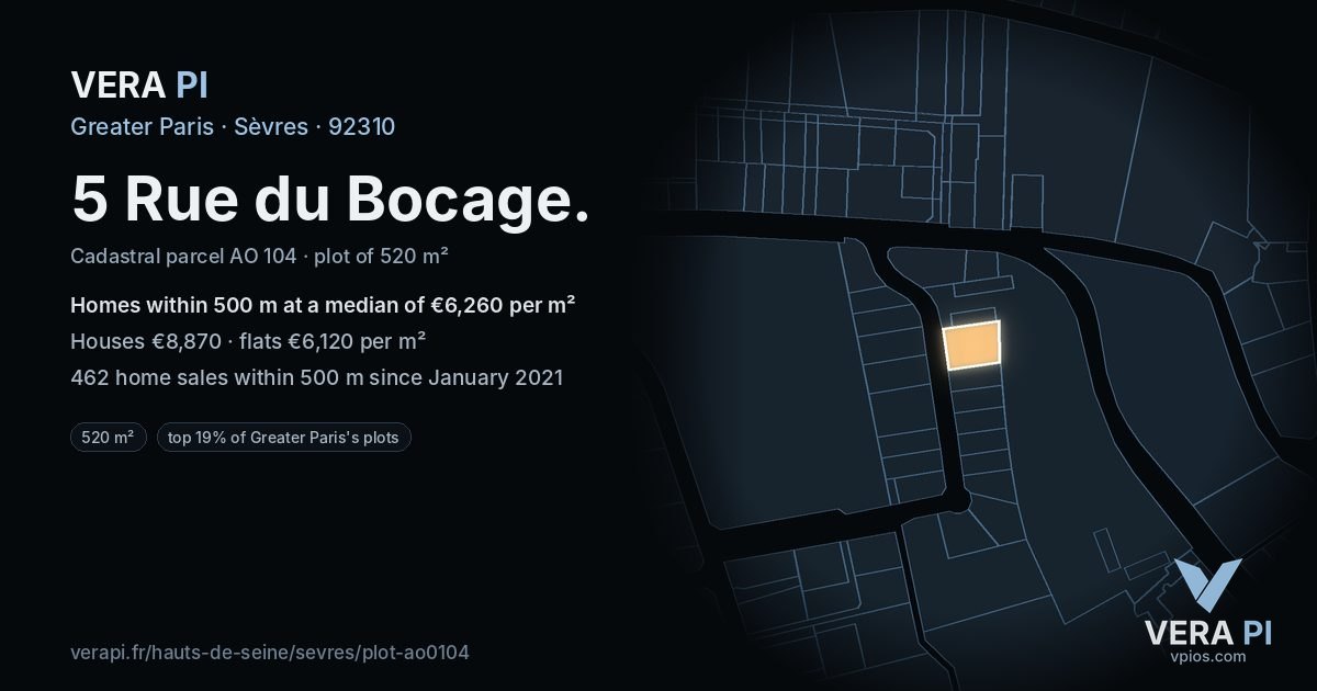 5 Rue du Bocage, Sèvres at night – the plot lit, the parcels around coloured by the prices near them