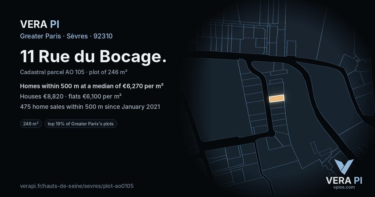 11 Rue du Bocage, Sèvres at night – the plot lit, the parcels around coloured by the prices near them