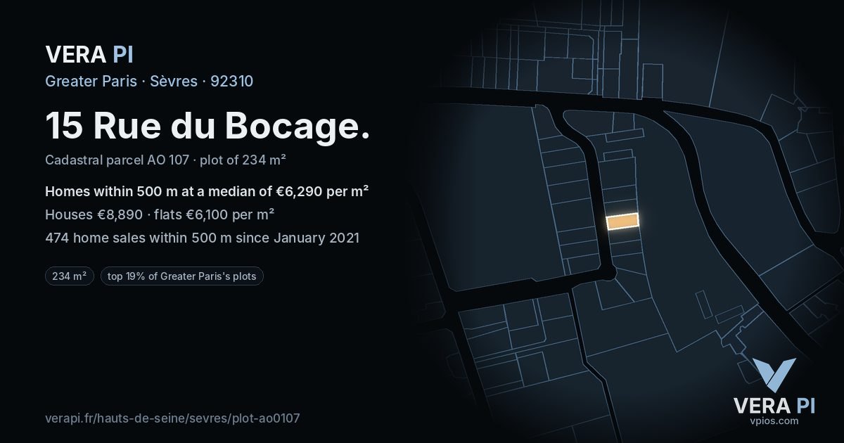 15 Rue du Bocage, Sèvres at night – the plot lit, the parcels around coloured by the prices near them