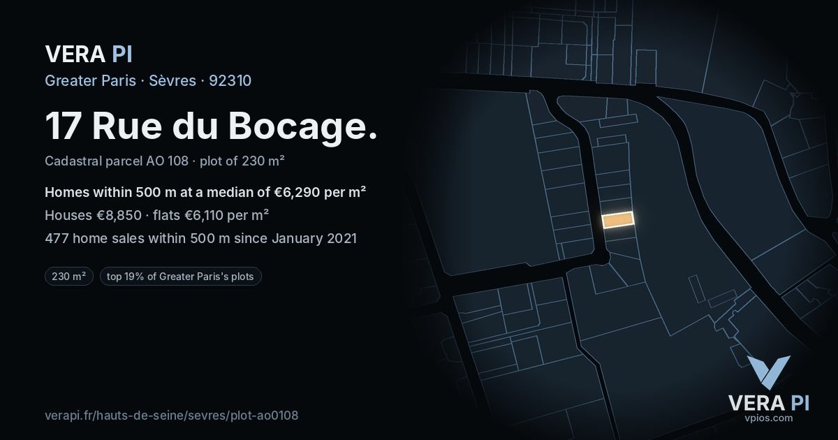 17 Rue du Bocage, Sèvres at night – the plot lit, the parcels around coloured by the prices near them