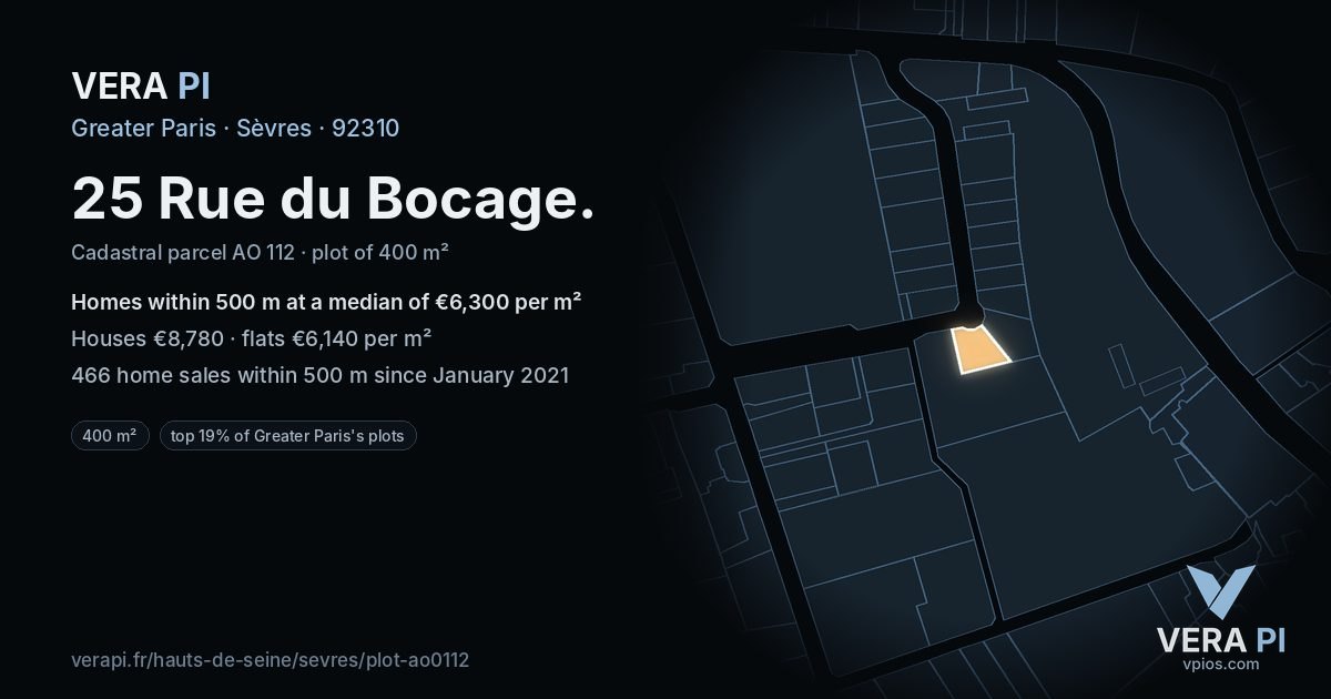 25 Rue du Bocage, Sèvres at night – the plot lit, the parcels around coloured by the prices near them