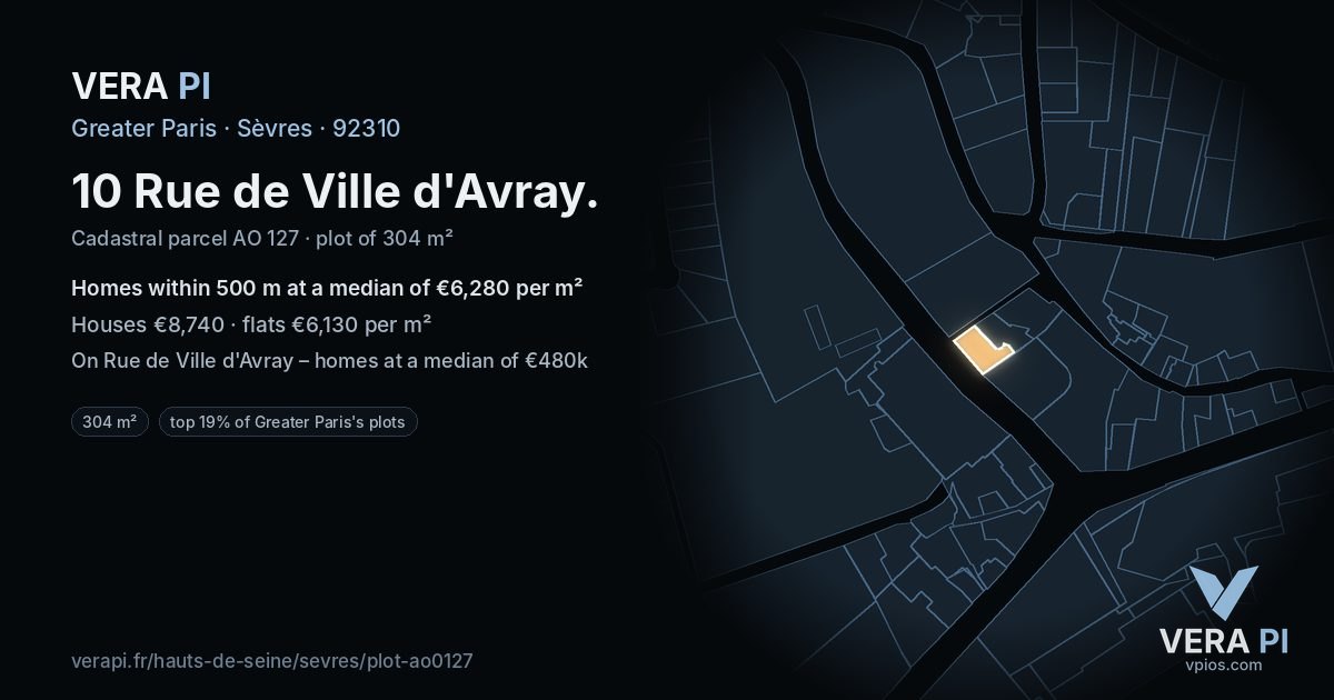 10 Rue de Ville d'Avray, Sèvres at night – the plot lit, the parcels around coloured by the prices near them